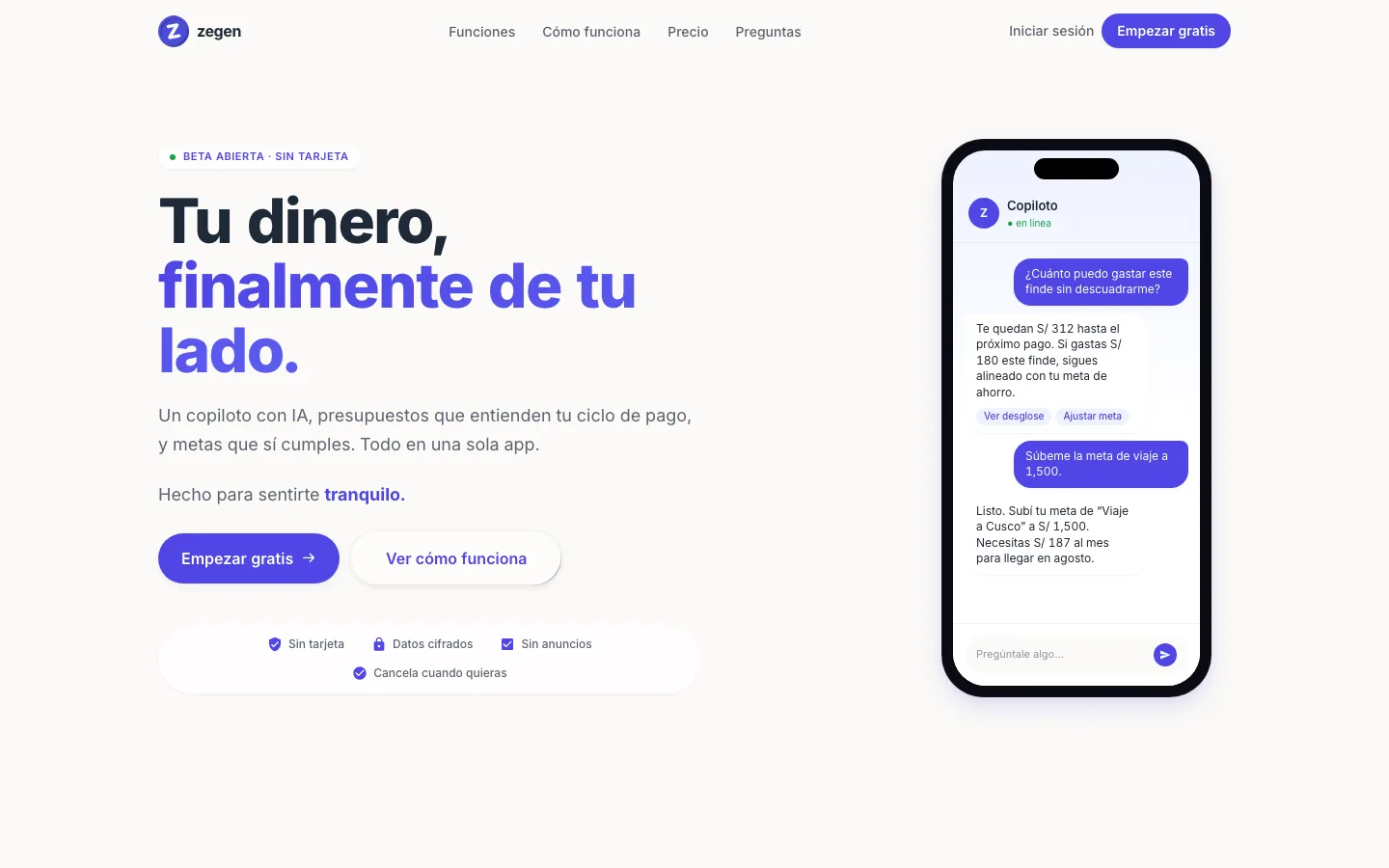La página de lanzamiento de Zegen con la conversación del copiloto mostrada en un teléfono